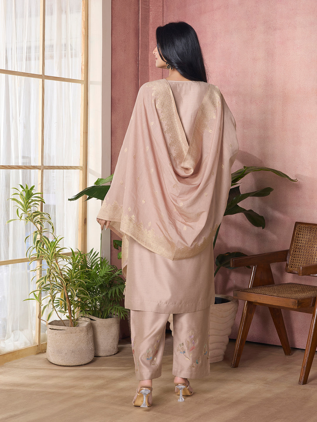 Soft Beige Semi-Silk Suit Set with Dupatta