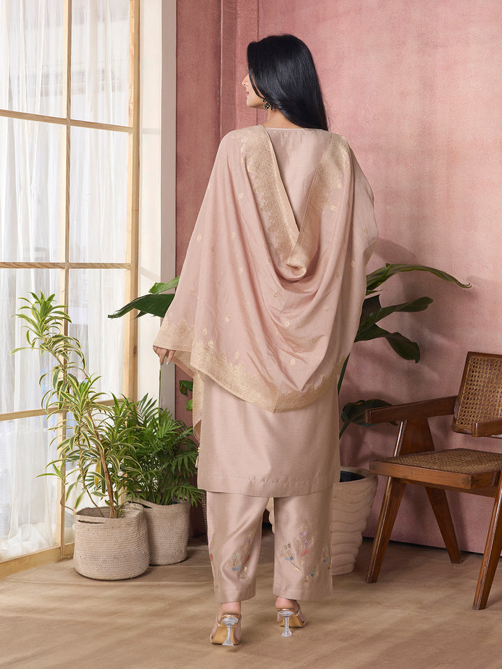 Soft Beige Semi-Silk Suit Set with Dupatta