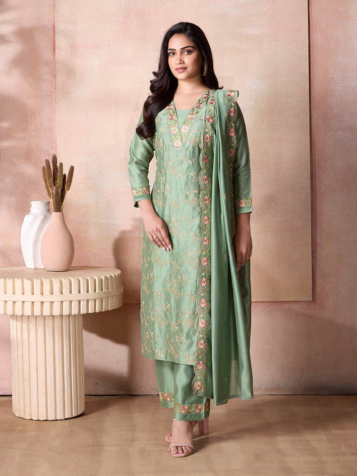 Sage Green Semi-Silk Suit Set with Dupatta