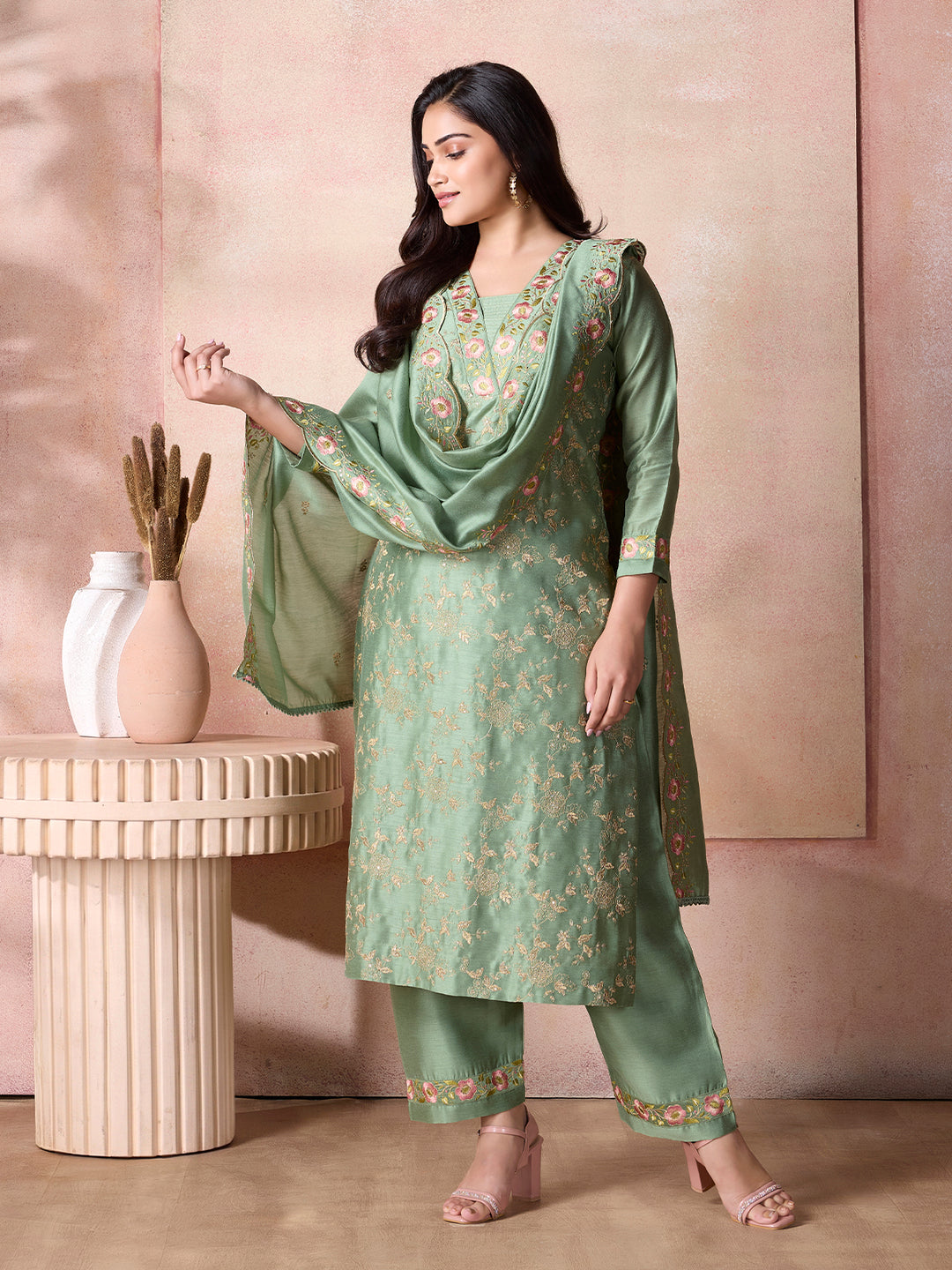 Sage Green Semi-Silk Suit Set with Dupatta