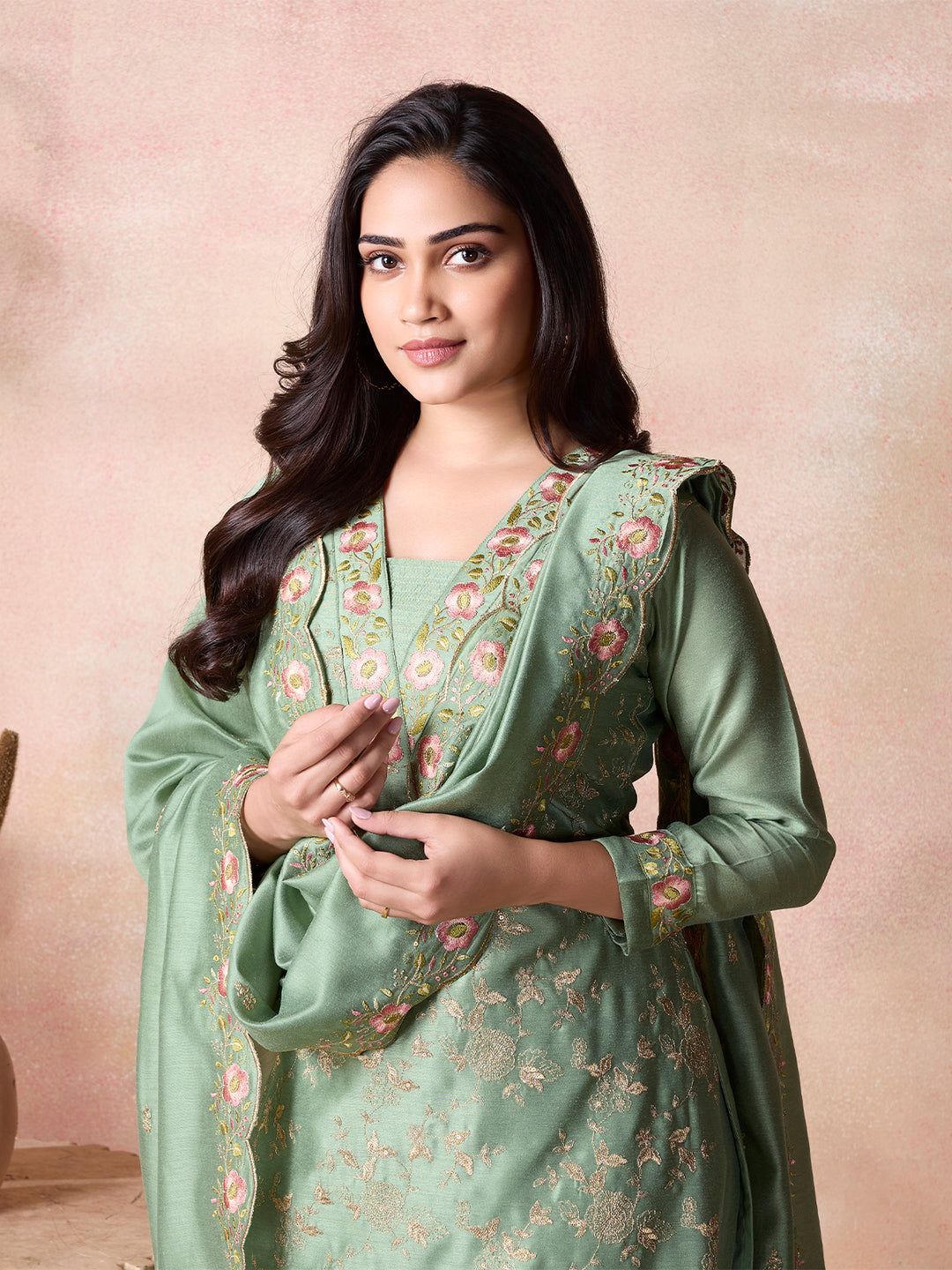 Sage Green Semi-Silk Suit Set with Dupatta