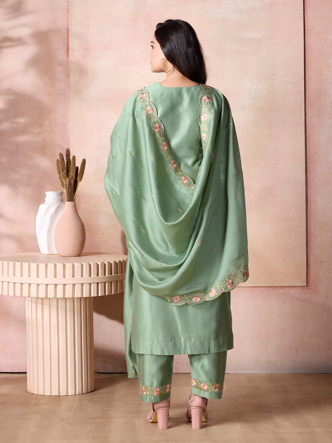 Sage Green Semi-Silk Suit Set with Dupatta