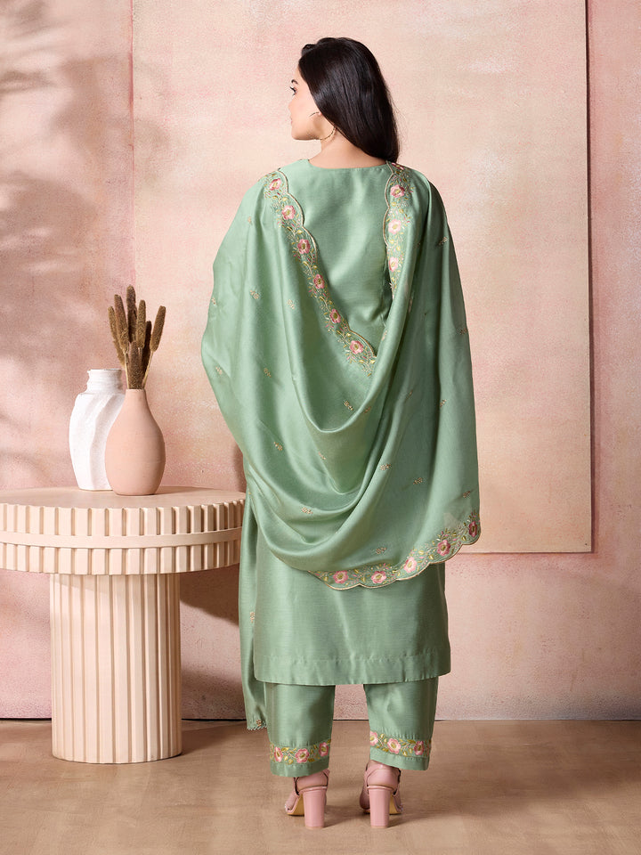 Sage Green Semi-Silk Suit Set with Dupatta