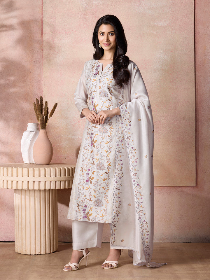 White Semi-Silk Suit Set with Dupatta