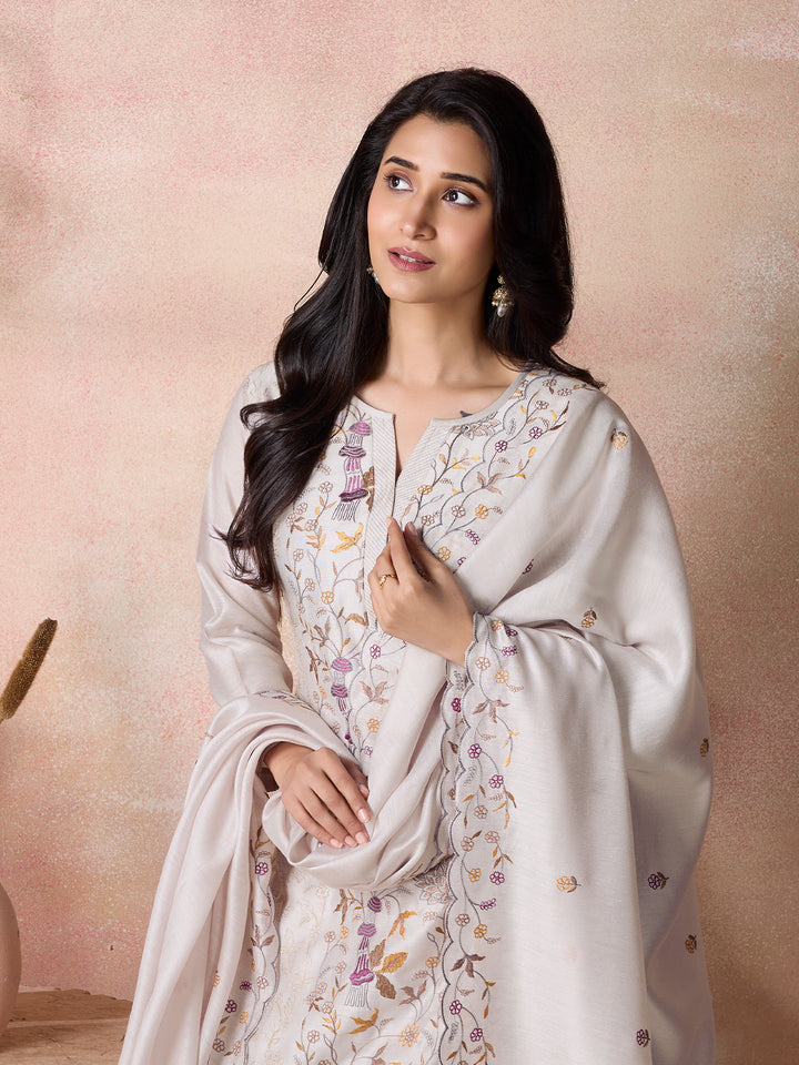 White Semi-Silk Suit Set with Dupatta