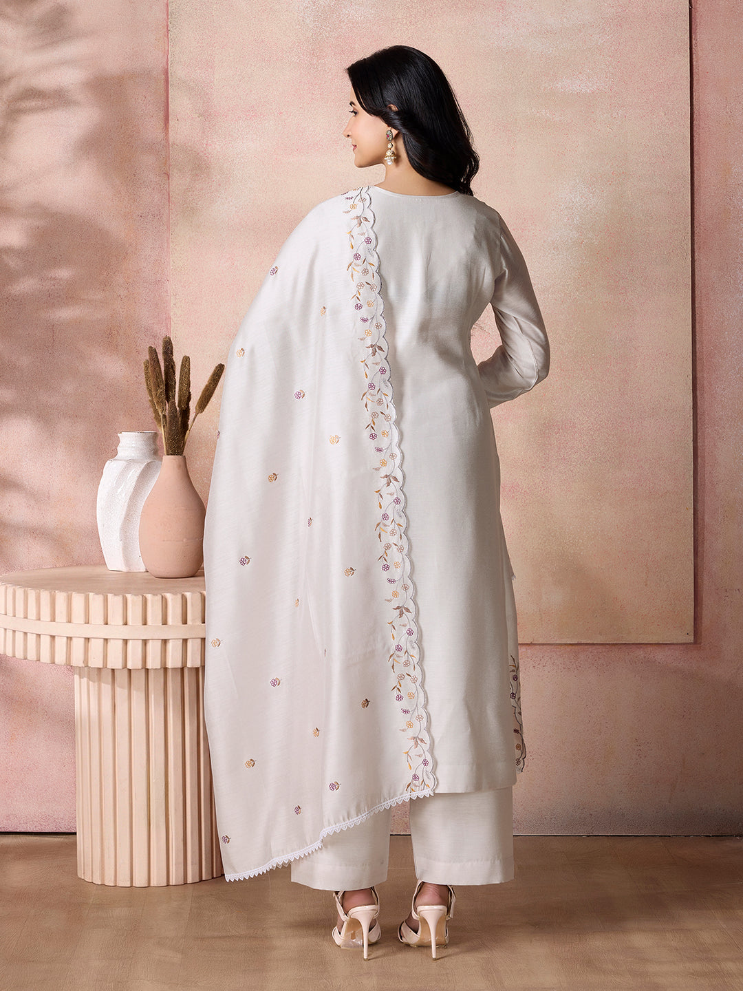 White Semi-Silk Suit Set with Dupatta