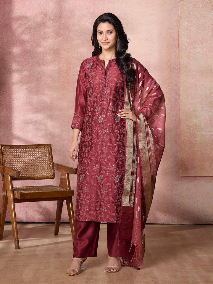 Maroon Semi-Silk Suit Set with Dupatta