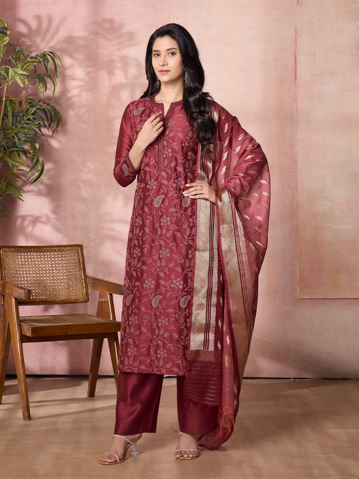 Maroon Semi-Silk Suit Set with Dupatta