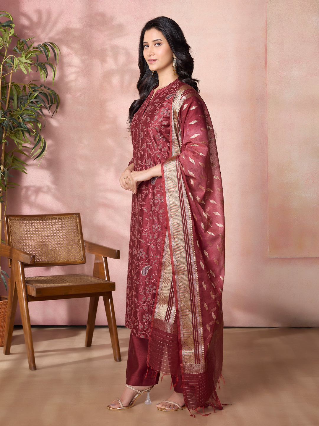 Maroon Semi-Silk Suit Set with Dupatta