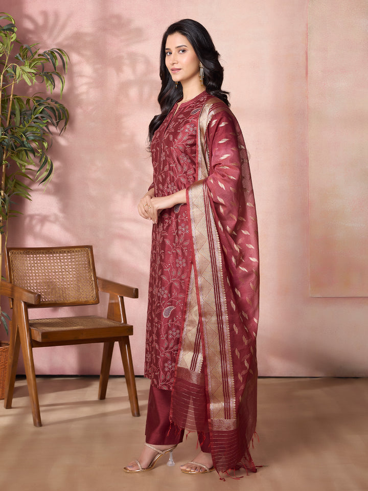 Maroon Semi-Silk Suit Set with Dupatta