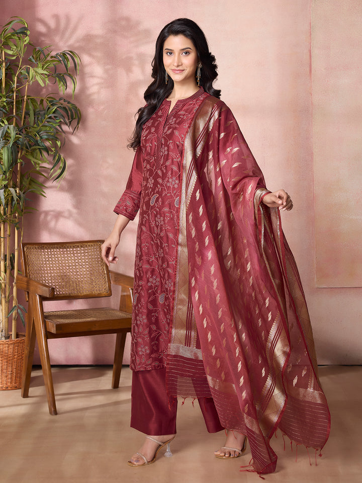 Maroon Semi-Silk Suit Set with Dupatta