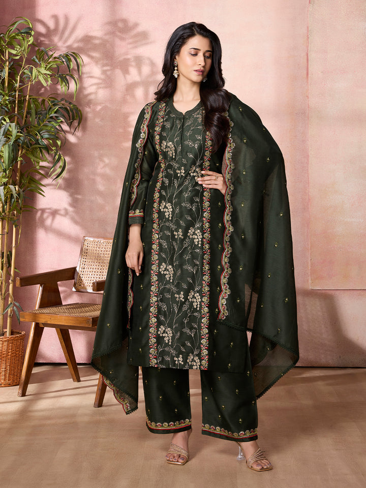Forest Green Semi-Silk Suit Set with Dupatta