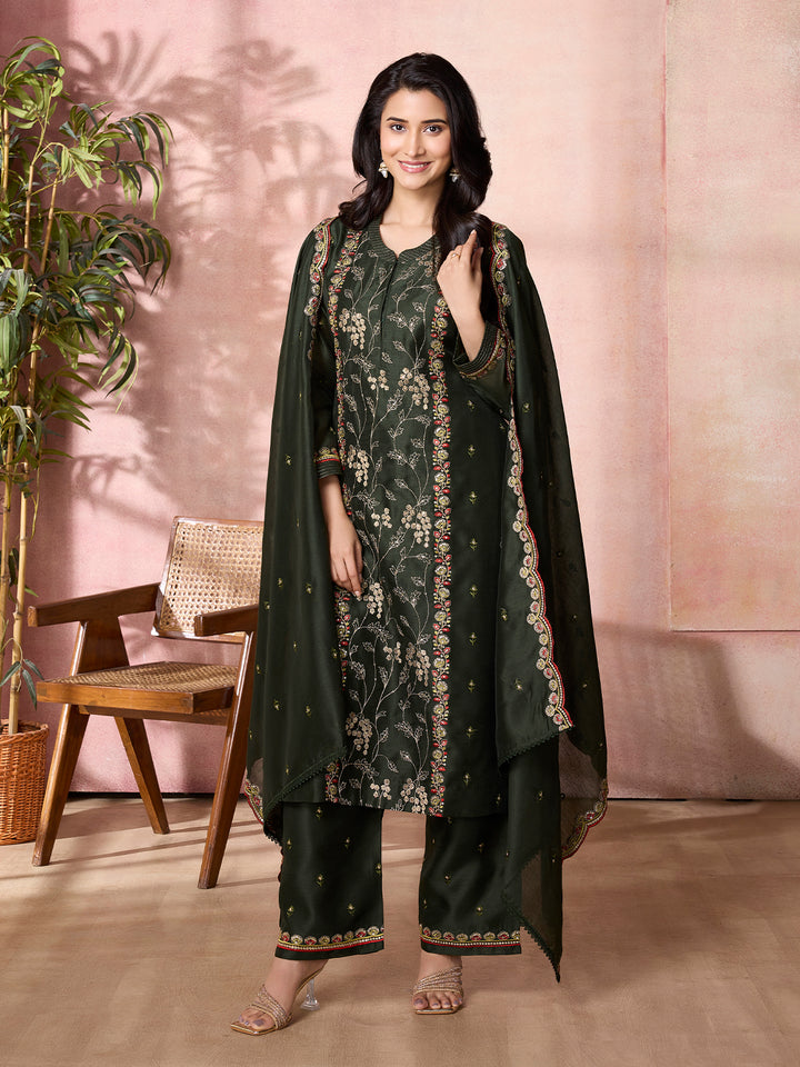 Forest Green Semi-Silk Suit Set with Dupatta