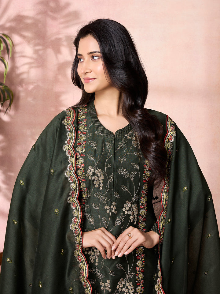 Forest Green Semi-Silk Suit Set with Dupatta