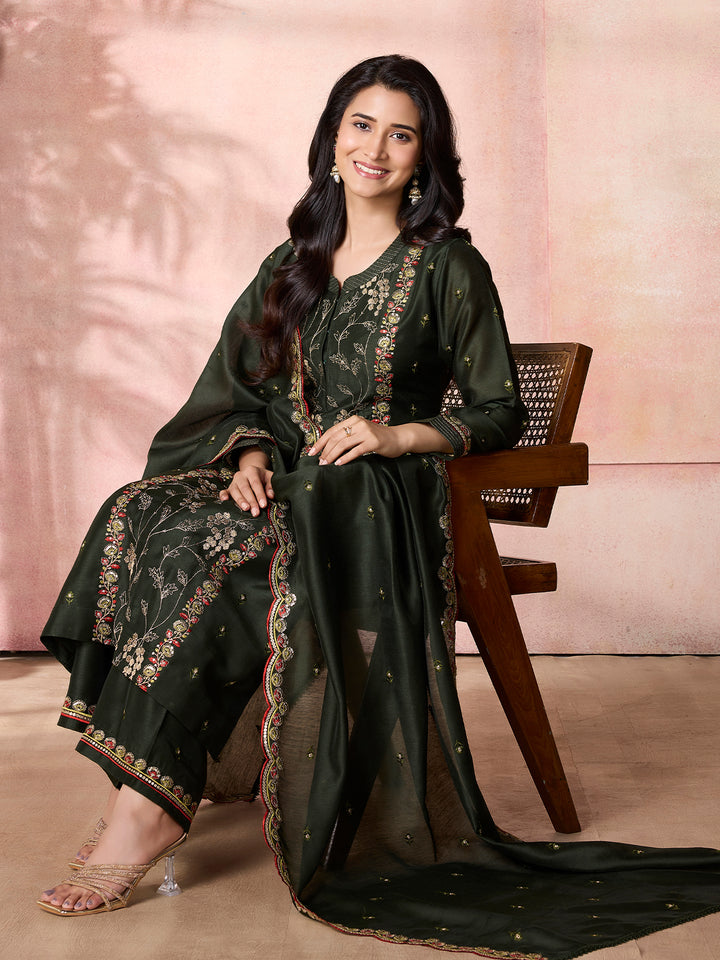 Forest Green Semi-Silk Suit Set with Dupatta