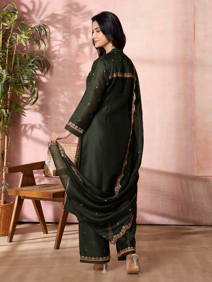 Forest Green Semi-Silk Suit Set with Dupatta