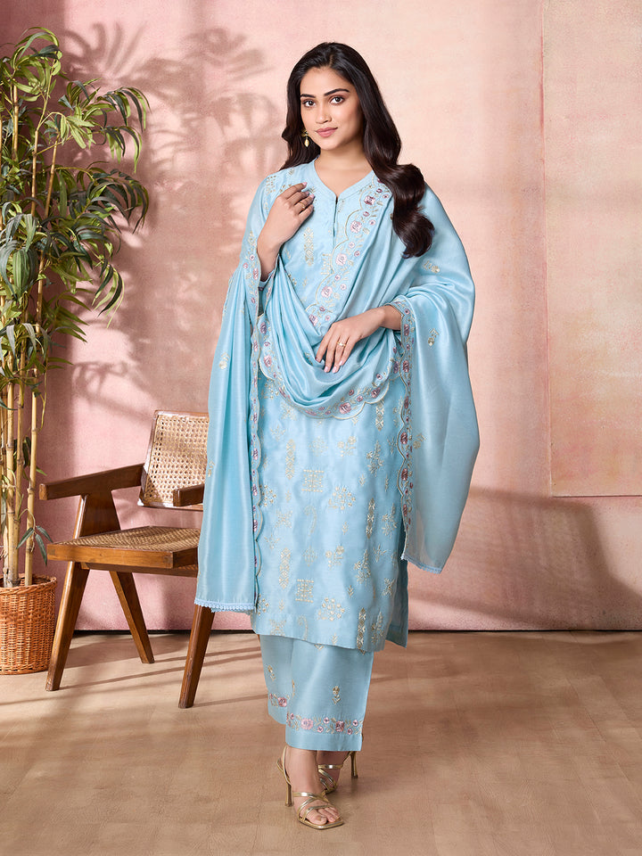 Powder Blue Semi-Silk Suit Set with Dupatta