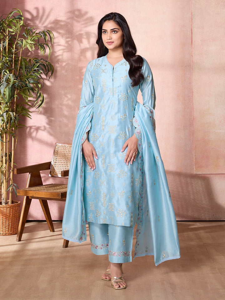 Powder Blue Semi-Silk Suit Set with Dupatta