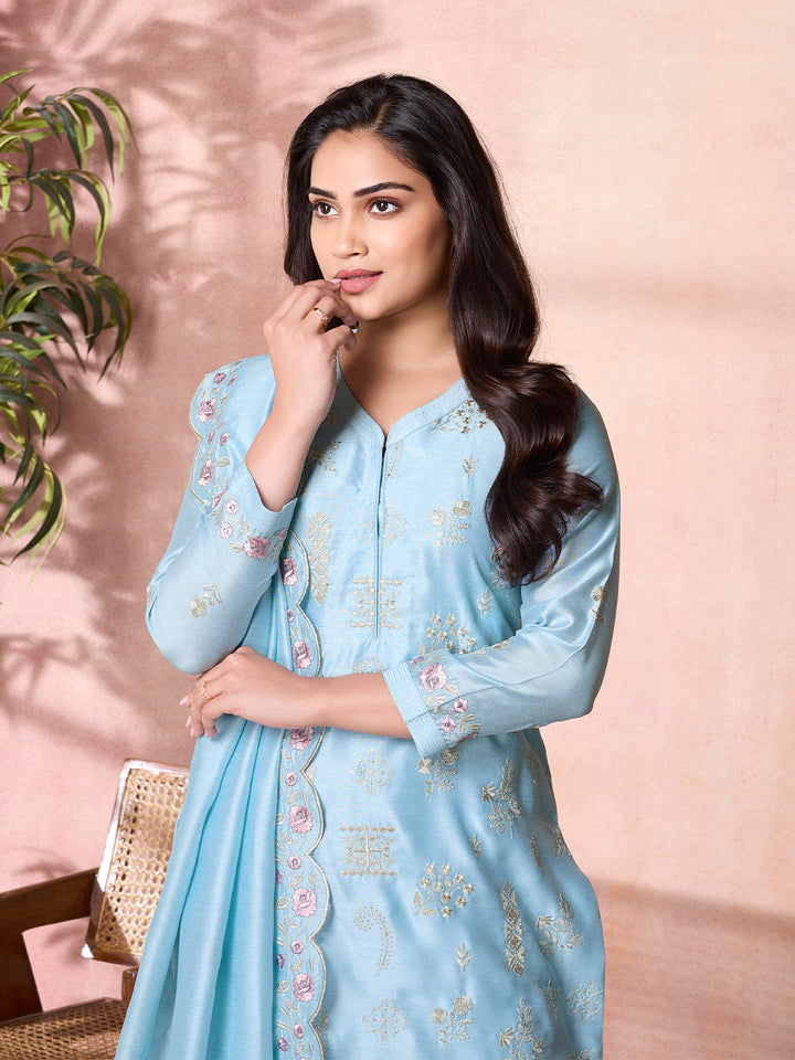 Powder Blue Semi-Silk Suit Set with Dupatta