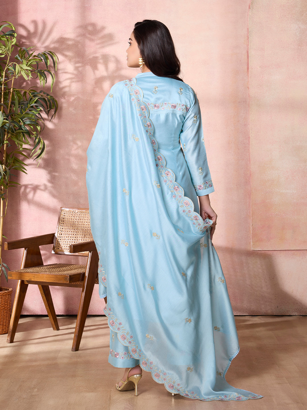 Powder Blue Semi-Silk Suit Set with Dupatta
