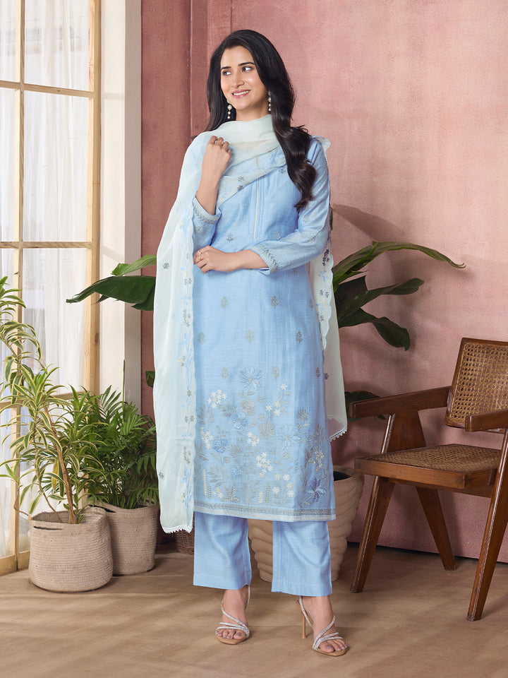 Powder Blue Semi-Silk Suit Set with Dupatta