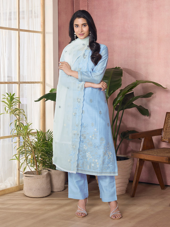 Powder Blue Semi-Silk Suit Set with Dupatta
