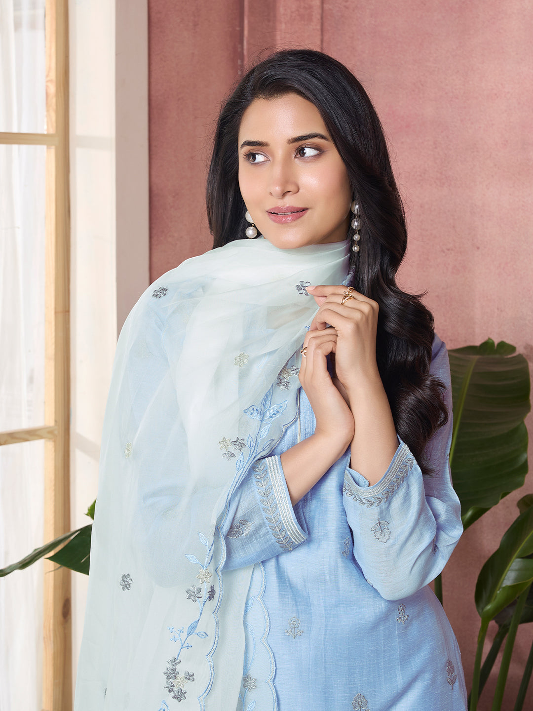 Powder Blue Semi-Silk Suit Set with Dupatta