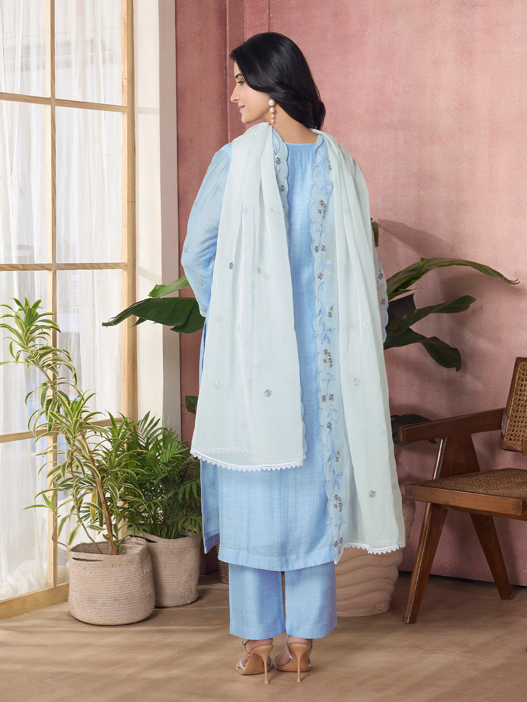 Powder Blue Semi-Silk Suit Set with Dupatta