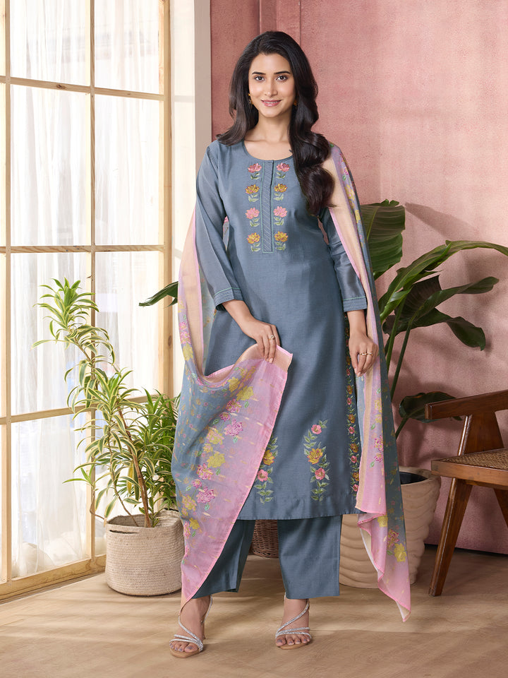 Steel Grey Semi-Silk Suit Set with Dupatta