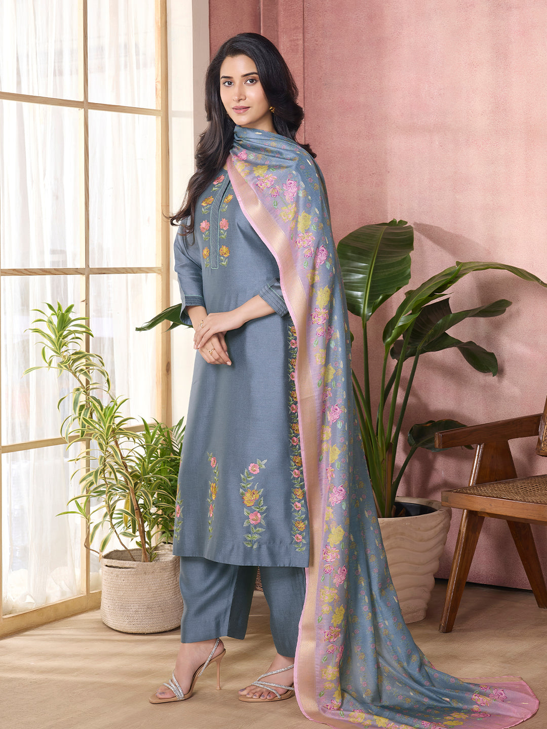 Steel Grey Semi-Silk Suit Set with Dupatta