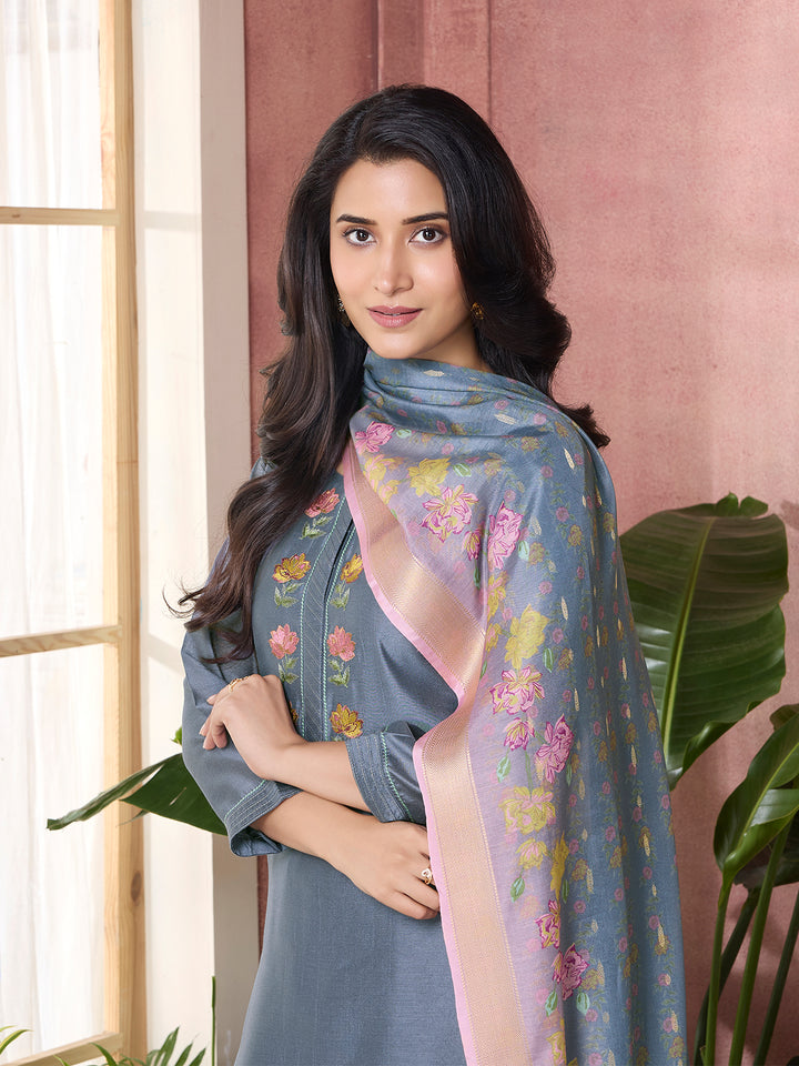 Steel Grey Semi-Silk Suit Set with Dupatta