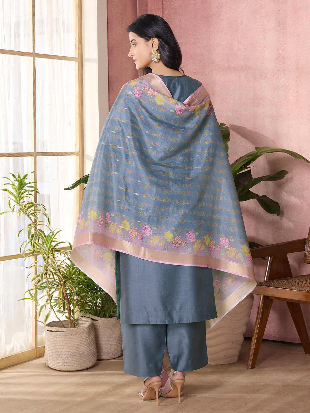 Steel Grey Semi-Silk Suit Set with Dupatta
