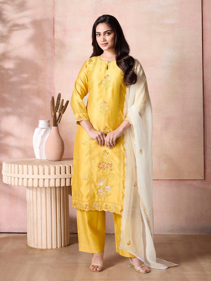 Yellow Semi-Silk Suit Set with Dupatta