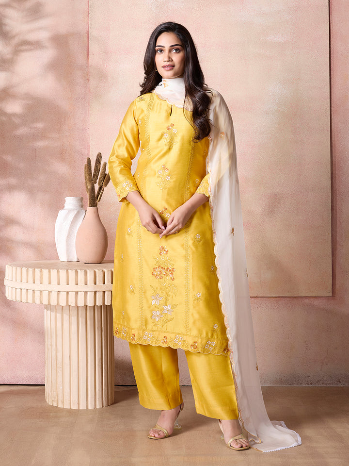 Yellow Semi-Silk Suit Set with Dupatta