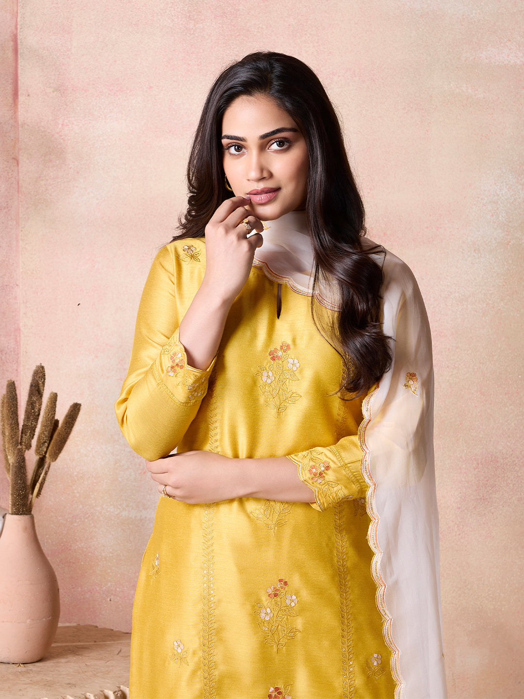 Yellow Semi-Silk Suit Set with Dupatta