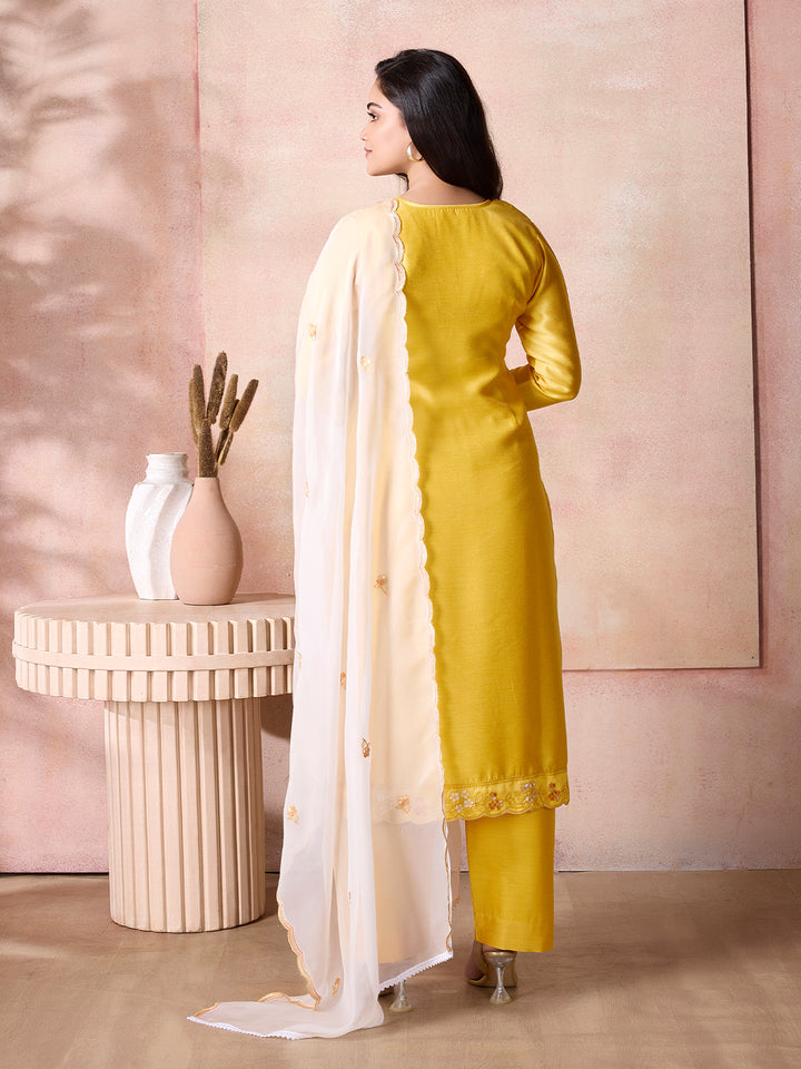 Yellow Semi-Silk Suit Set with Dupatta