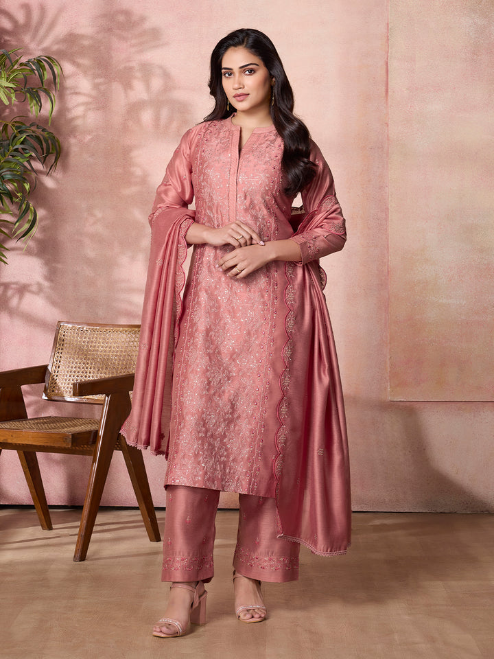 Coral Pink Semi-Silk Suit Set with Dupatta