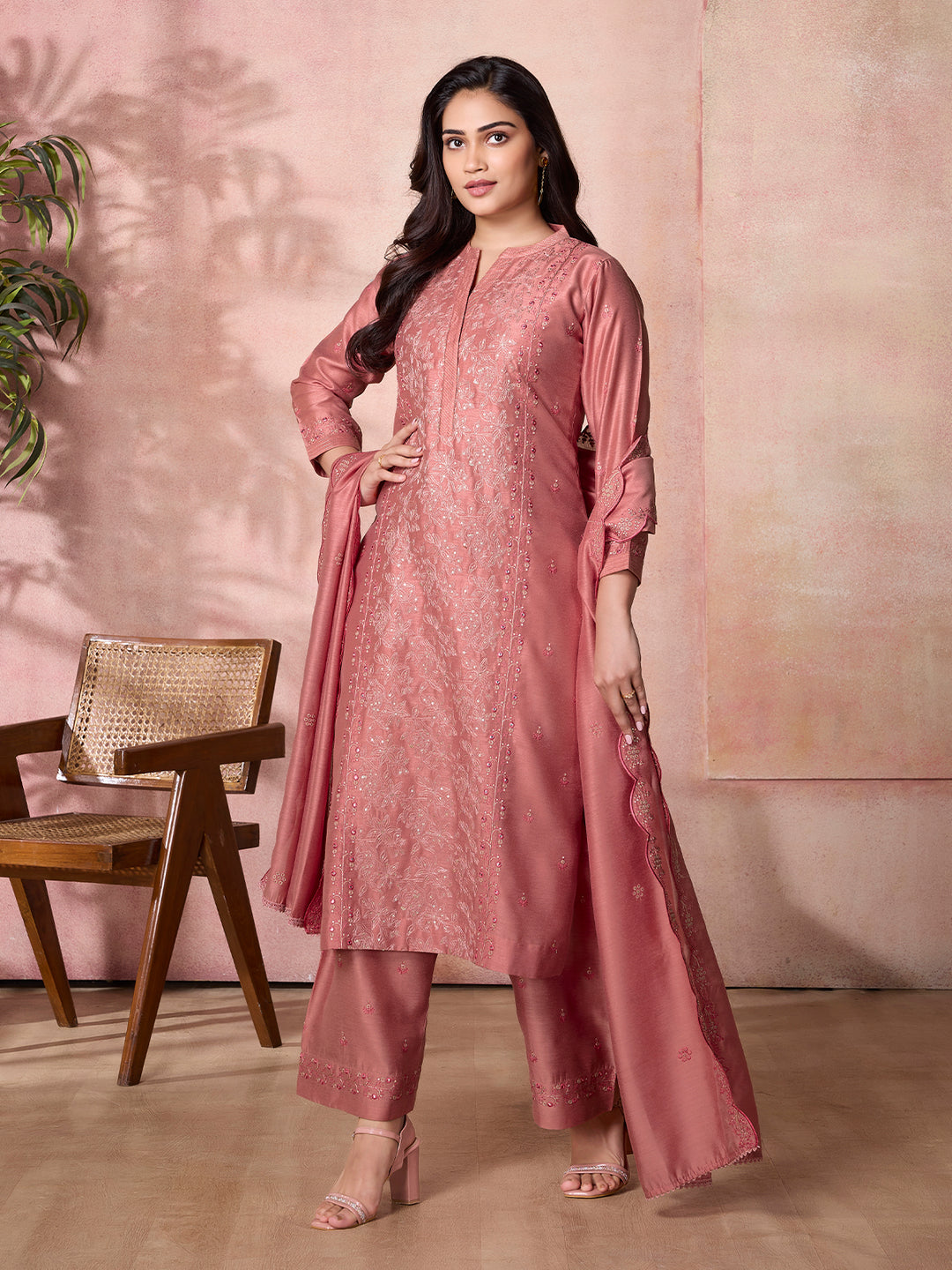 Coral Pink Semi-Silk Suit Set with Dupatta