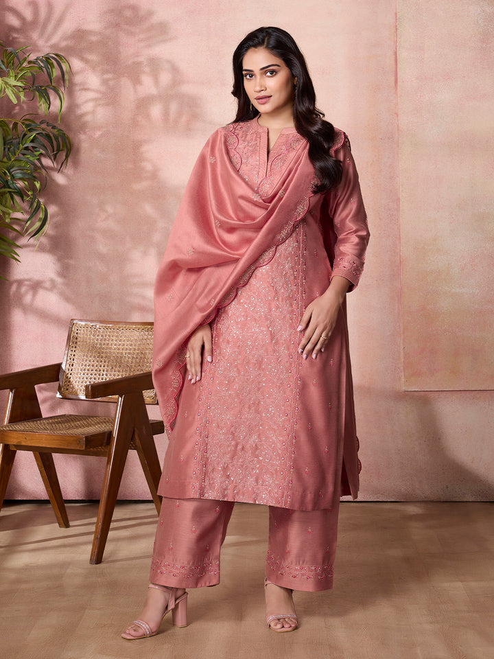 Coral Pink Semi-Silk Suit Set with Dupatta