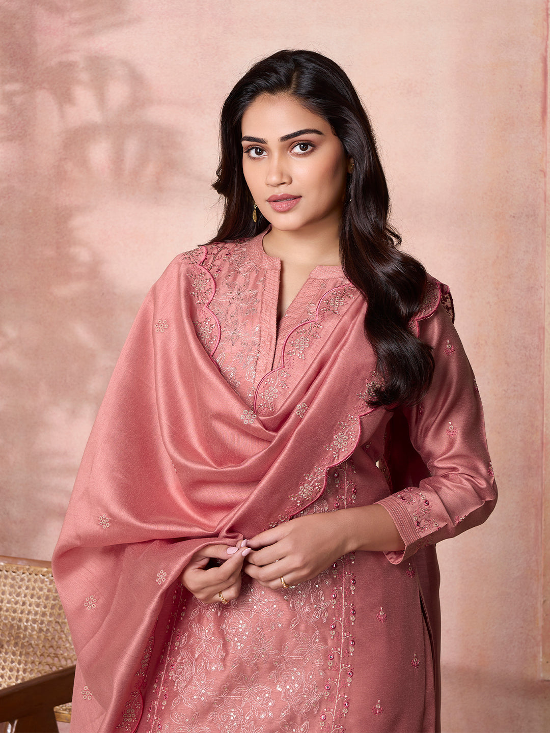 Coral Pink Semi-Silk Suit Set with Dupatta