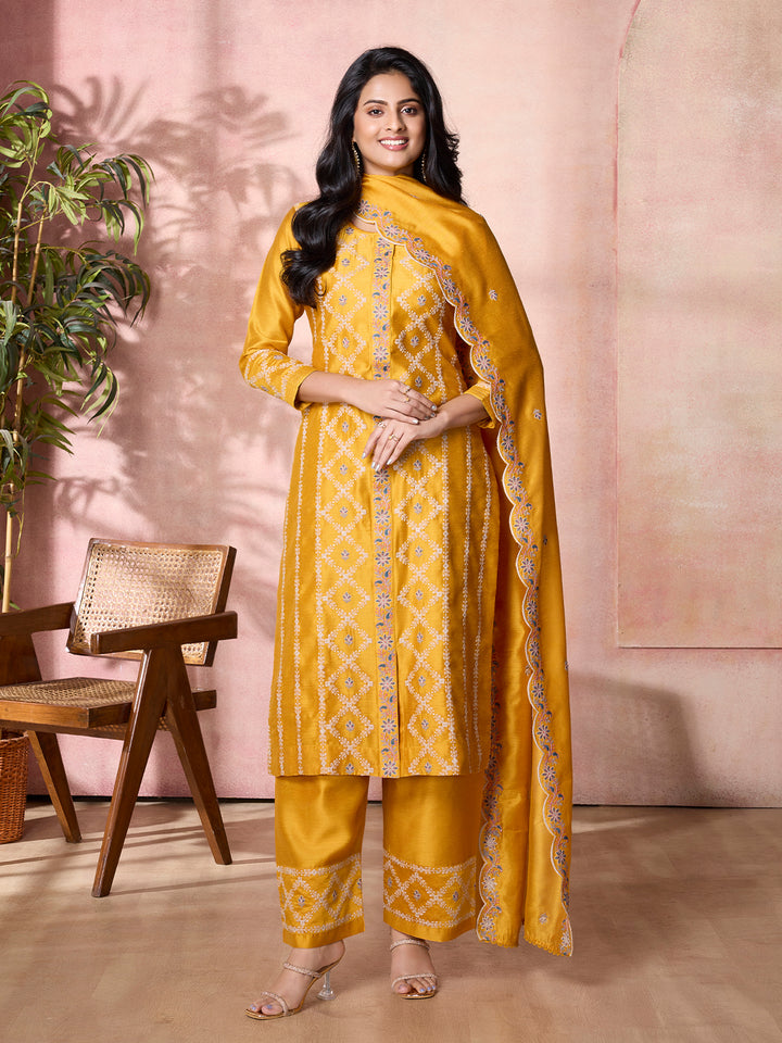 Mustard Yellow Semi-Silk Suit Set with Dupatta