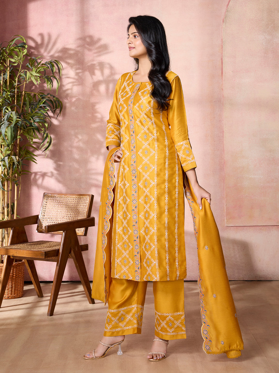Mustard Yellow Semi-Silk Suit Set with Dupatta