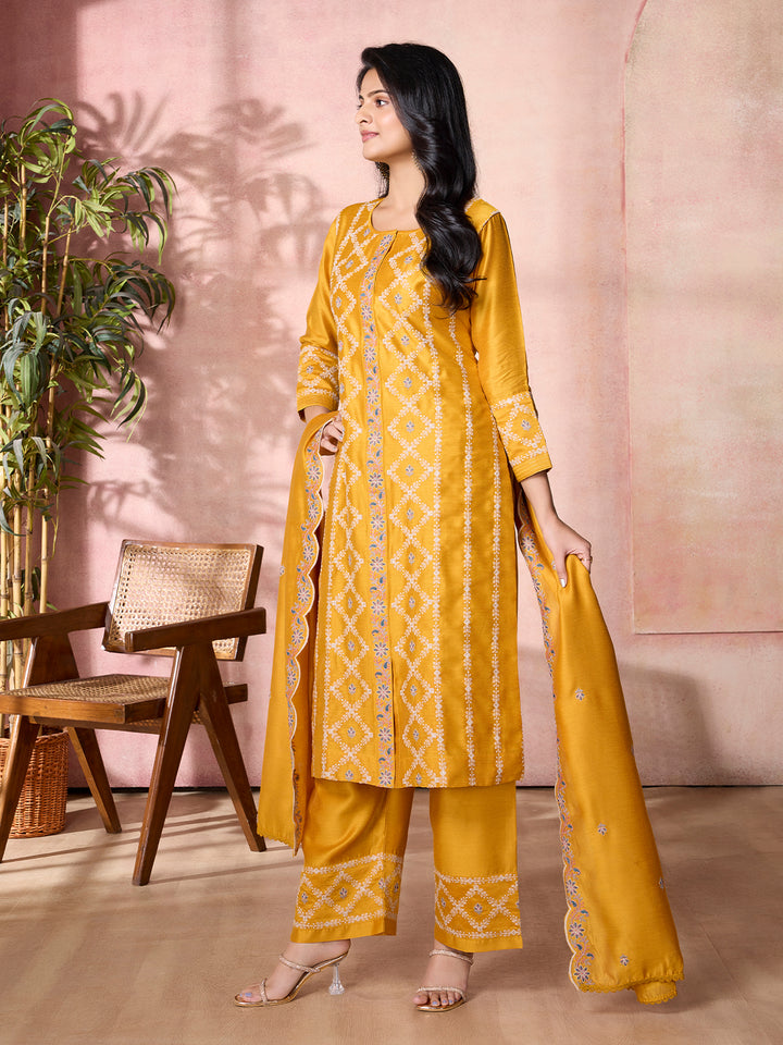 Mustard Yellow Semi-Silk Suit Set with Dupatta