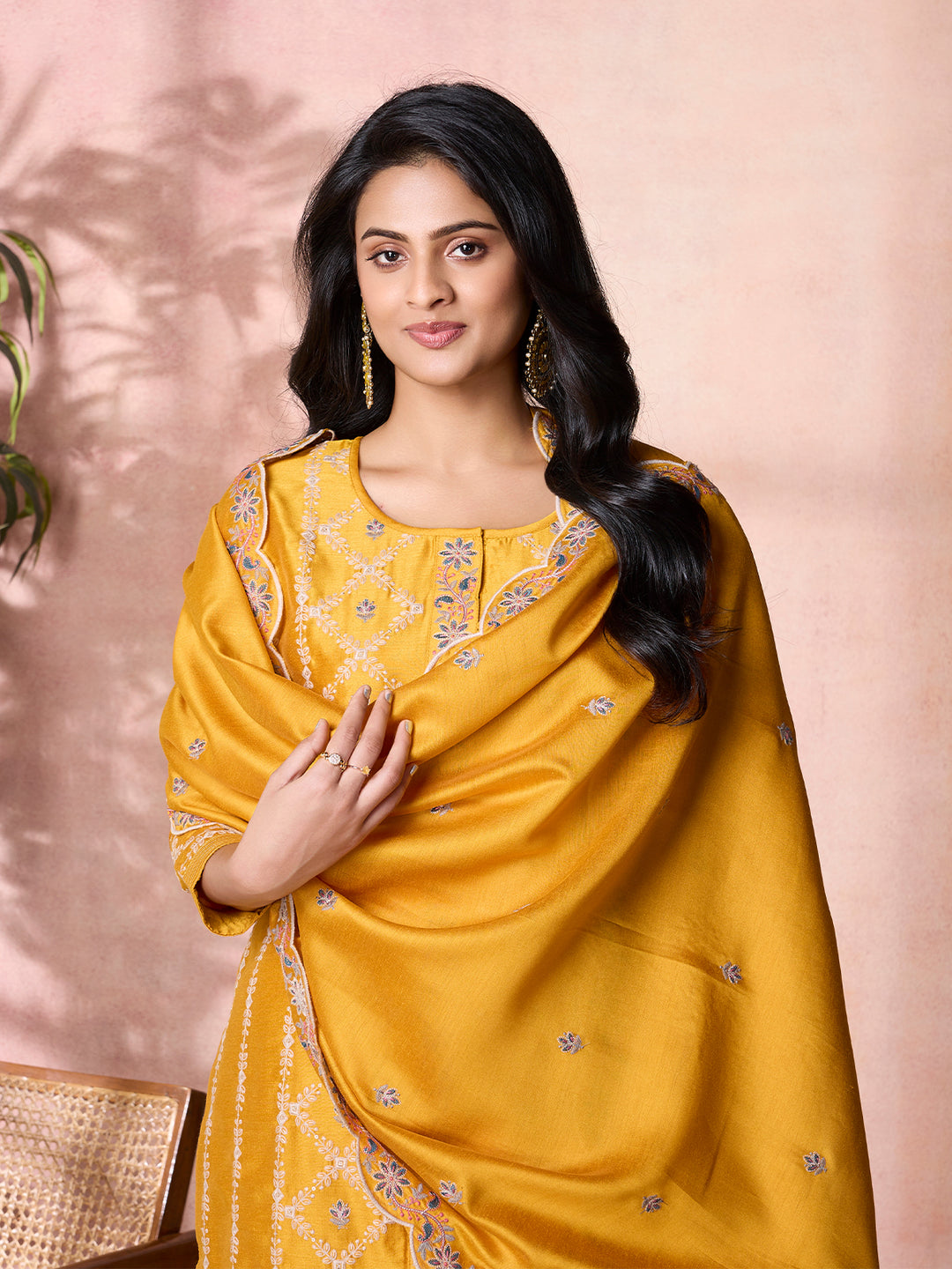 Mustard Yellow Semi-Silk Suit Set with Dupatta