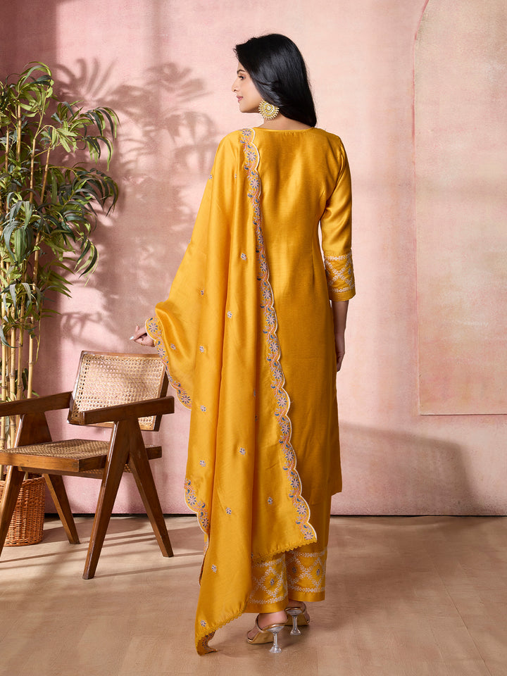 Mustard Yellow Semi-Silk Suit Set with Dupatta