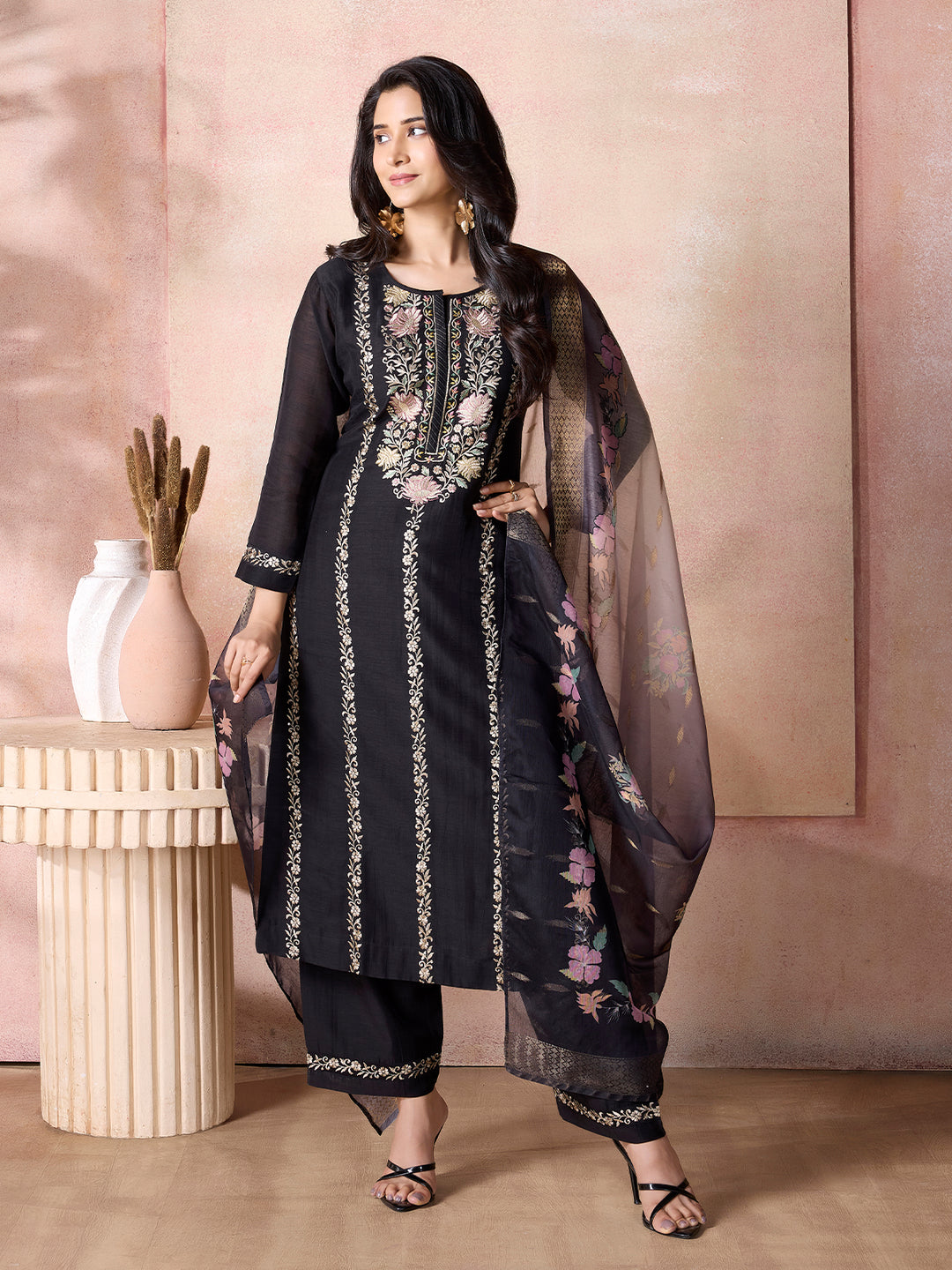 Black Semi-Silk Suit Set with Dupatta