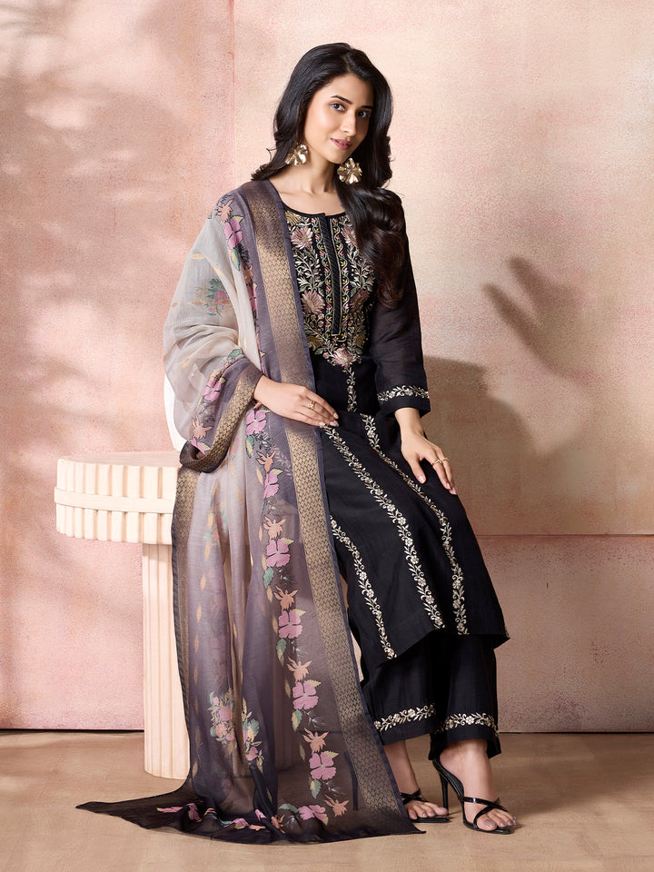 Black Semi-Silk Suit Set with Dupatta