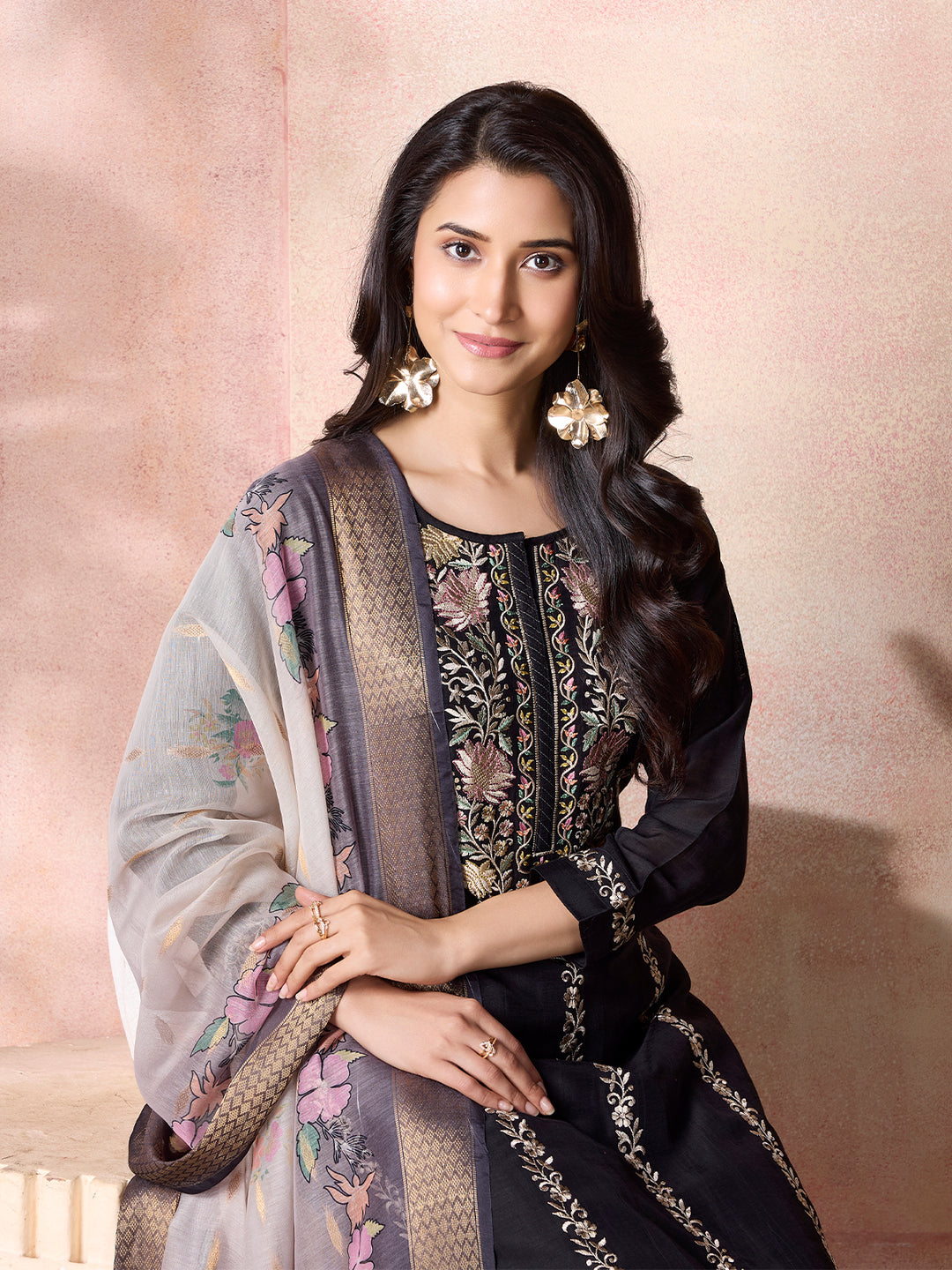 Black Semi-Silk Suit Set with Dupatta