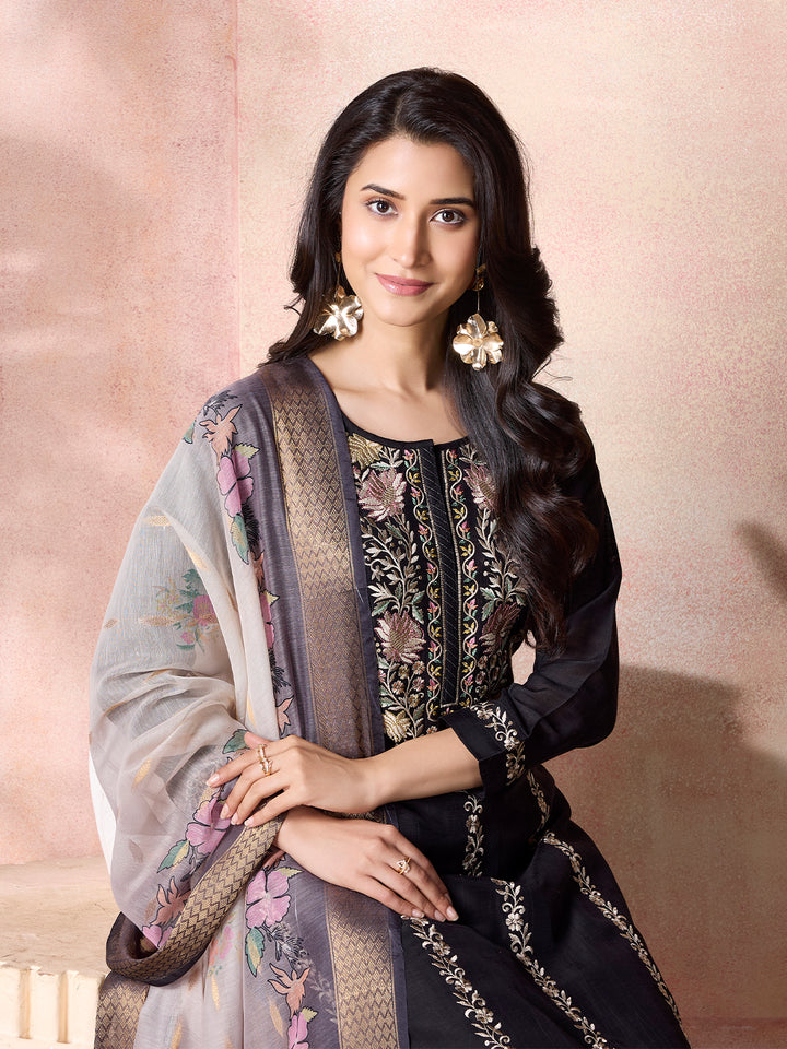 Black Semi-Silk Suit Set with Dupatta