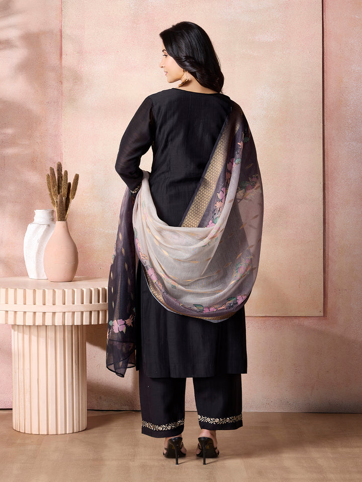 Black Semi-Silk Suit Set with Dupatta